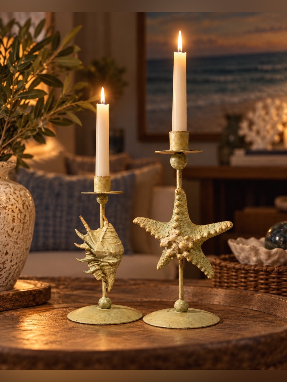 🐚 Vintage Coastal Starfish & Seashell Metal Taper Beachy Candle Holders Pair